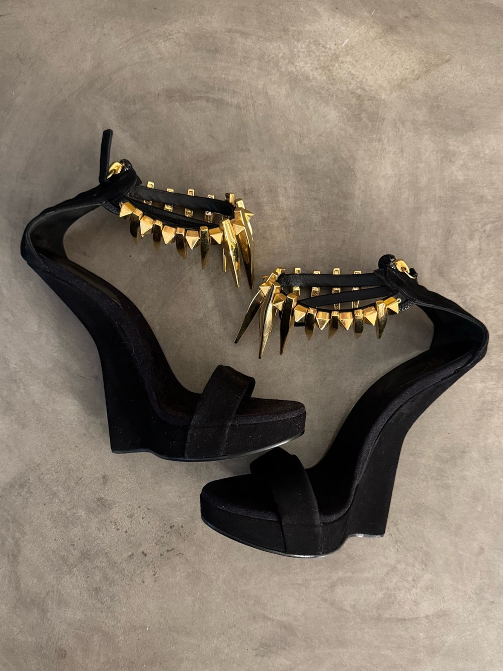 Giuseppe Zanotti Black Suede Platform Wedge Sandals w. Gold Spike Ankle Strap